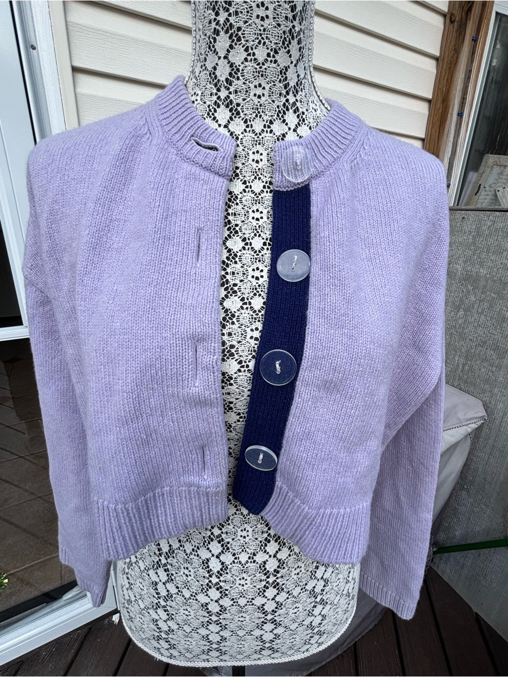 Sandy Liang Ladies Lilac Cropped Navy Placket Cardigan